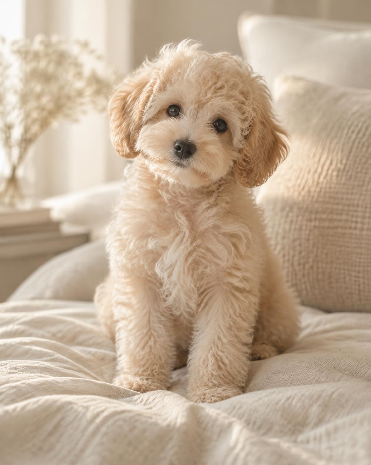 Cream toy poodle puppy resting on linen
